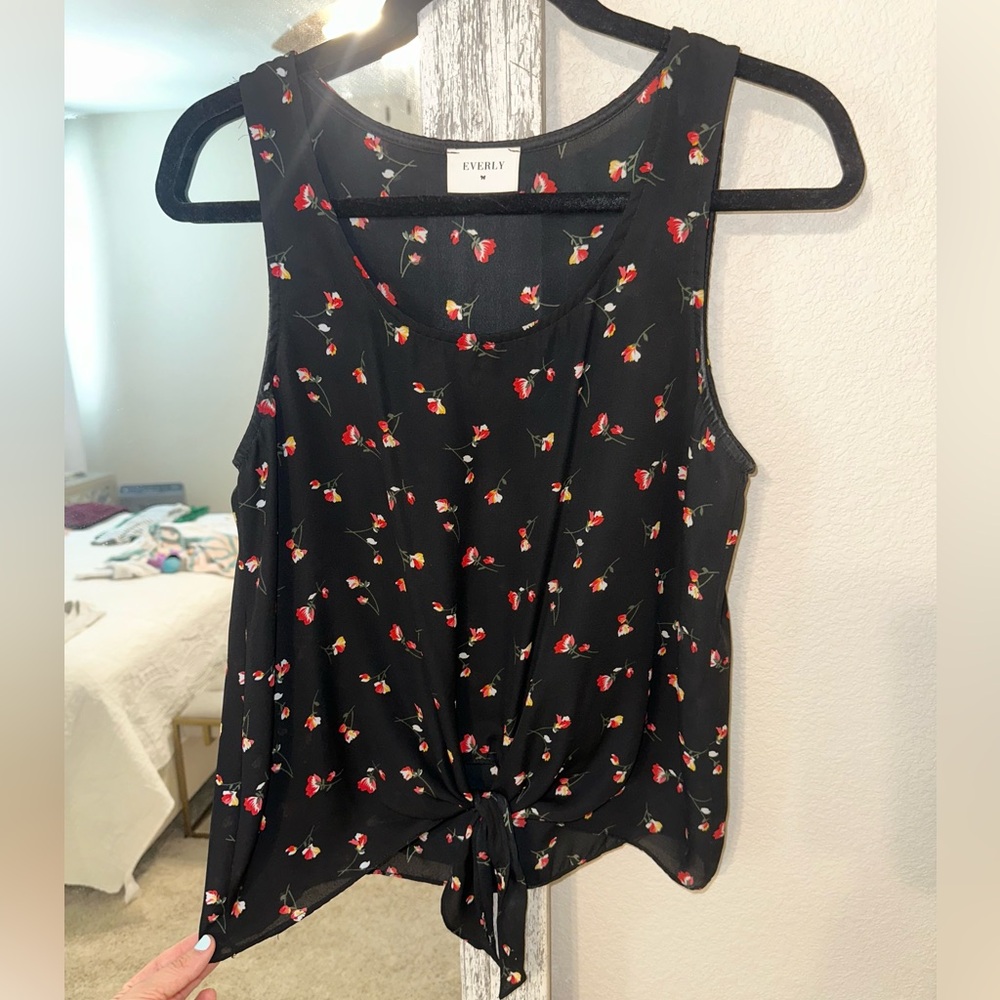 Francesca's Black Top with Red Floral Design and Tie